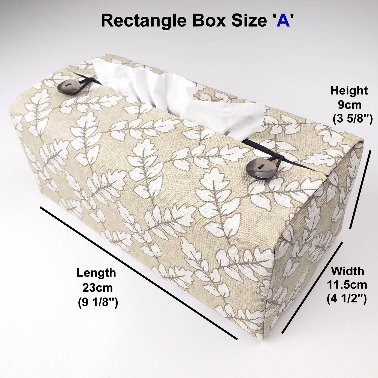 Printed cotton rectangle tissue box cover with off-white ash leaf pattern on oatmeal colour background