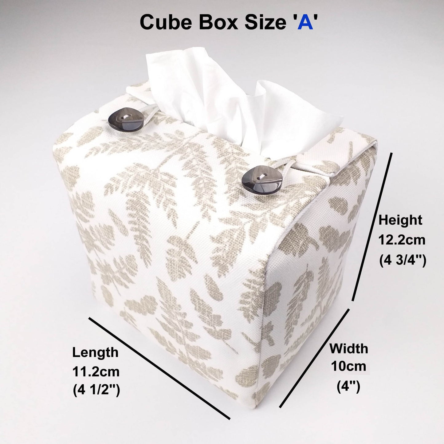 Square tissue box cover with natural fern pattern on off white background