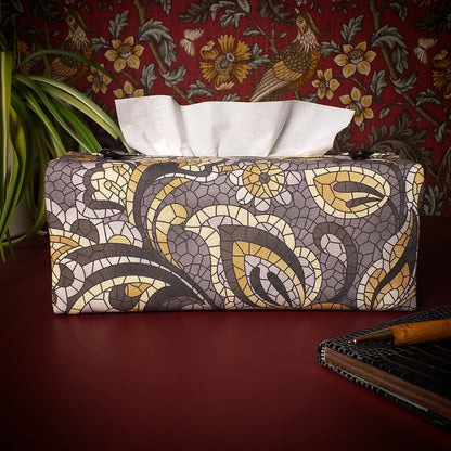 Rectangle tissue box cover with grey and tan paisley mosaic pattern