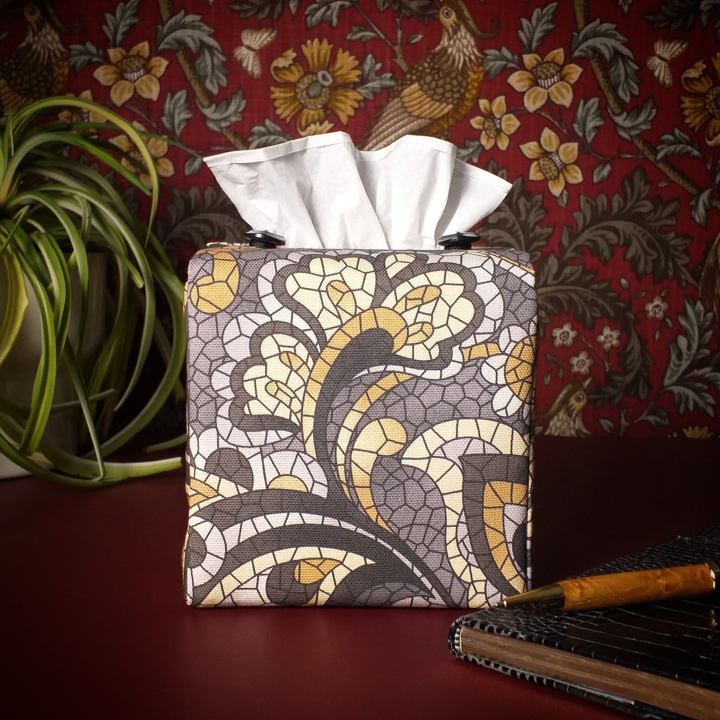 Square tissue box cover with grey and tan paisley mosaic pattern