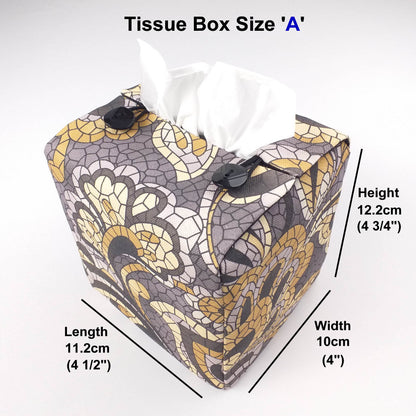 Square tissue box cover with grey and tan paisley mosaic pattern