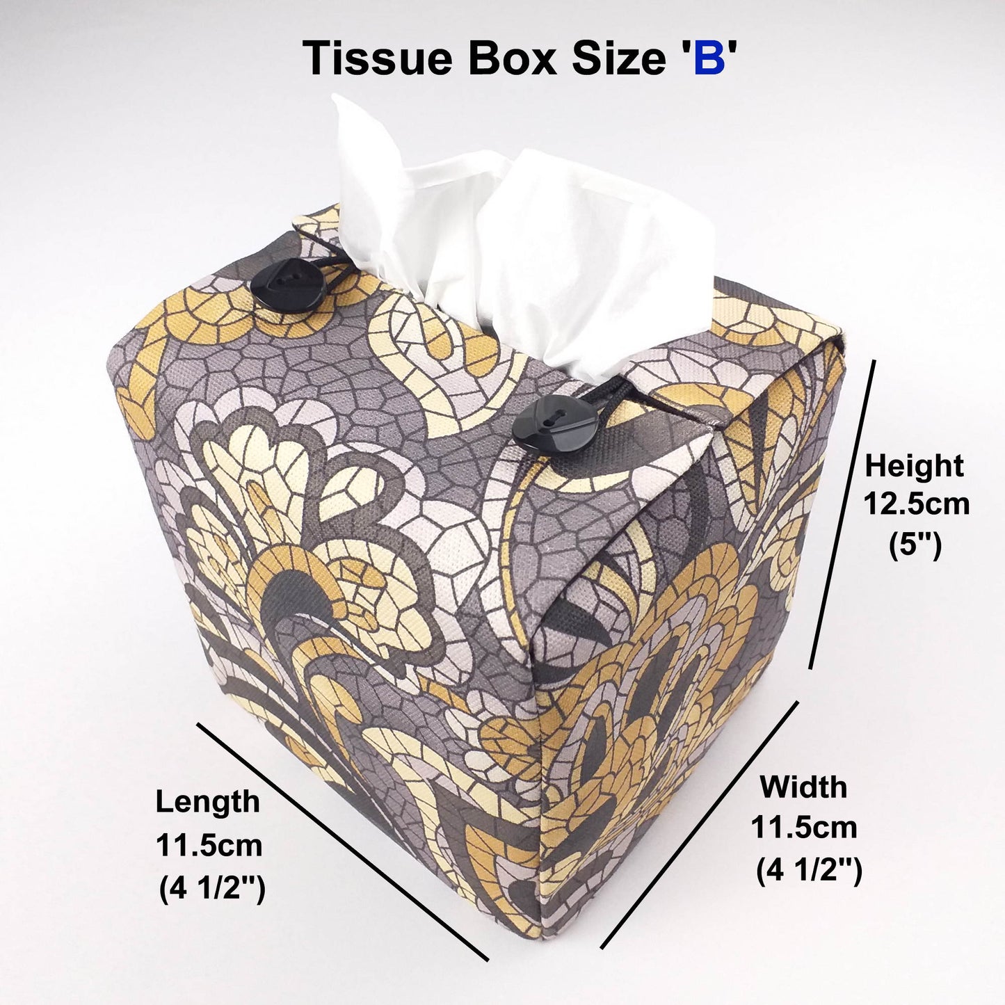 Square tissue box cover with grey and tan paisley mosaic pattern