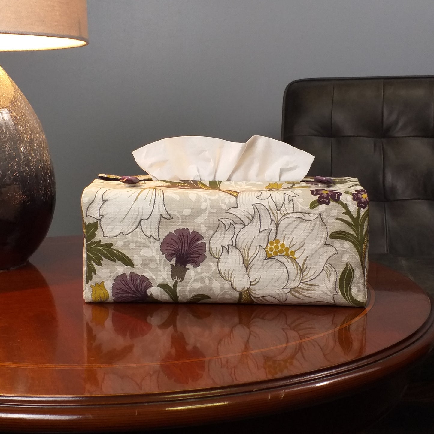 Rectangular Fabric Tissue Box Cover - Magnolia White & Purple