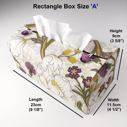 Rectangle tissue box cover with white magnolia flowers design with green, yellow, and purple accents