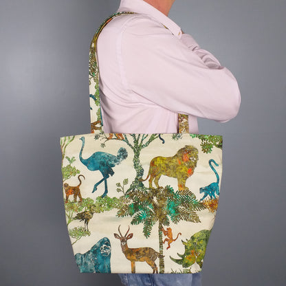 Large cotton tote bag with elephant, giraffe, water buffalo, monkey, panther, gorilla, lemur, rhinoceros design
