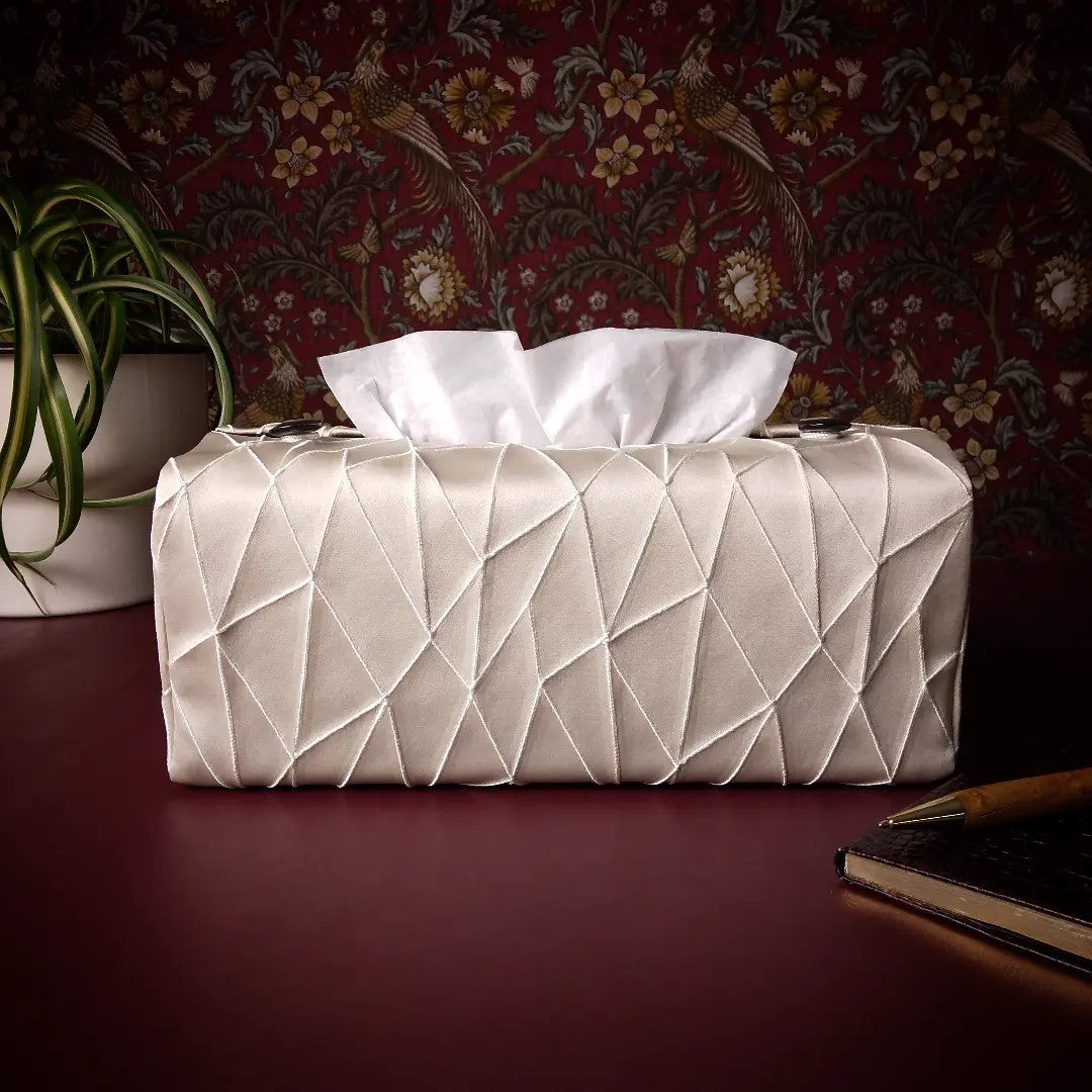 Rectangle tissue box cover with silky cream fabric with off-white embroidered pattern