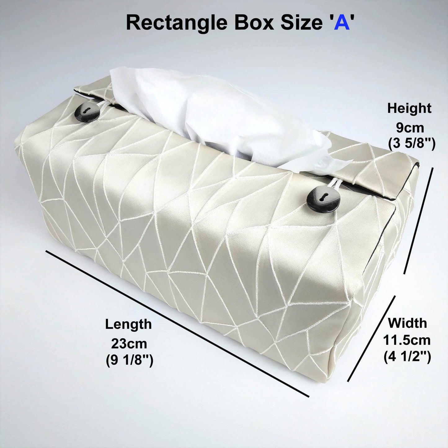 Rectangle tissue box cover with silky cream fabric with off-white embroidered pattern