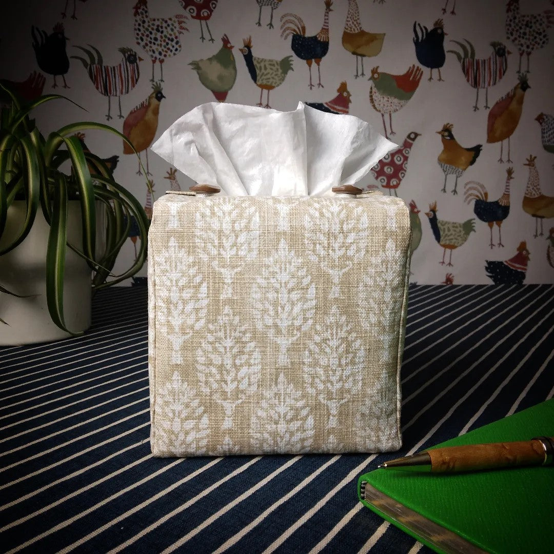 Square tissue box cover with off-white poplar trees design on wheat colour background