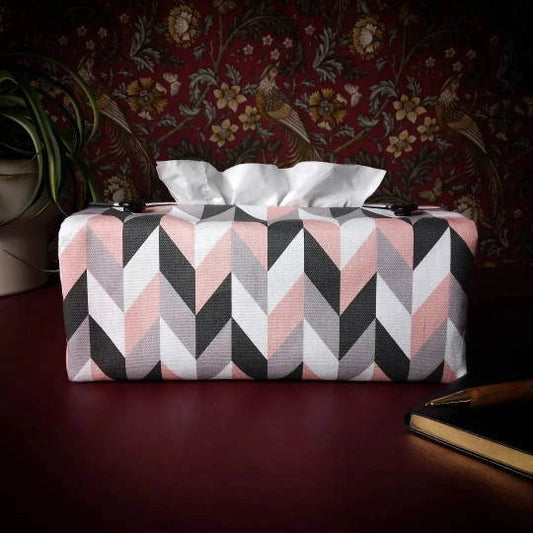 Rectangle tissue box cover with pink, grey, white, and black herringbone pattern