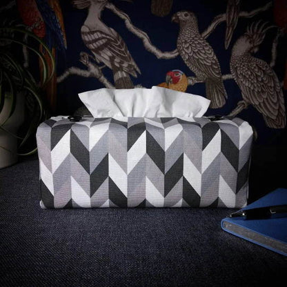 Rectangle tissue box cover with grey, white, and black herringbone pattern