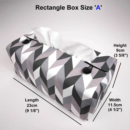 Rectangle tissue box cover with grey, white, and black herringbone pattern