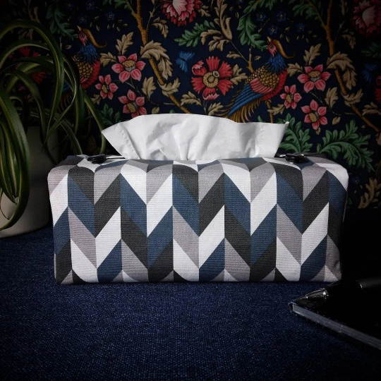 Cotton rectangle tissue box cover with blue, grey, white, and black herringbone pattern