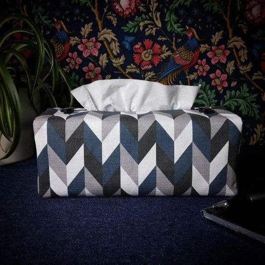 Cotton rectangle tissue box cover with blue, grey, white, and black herringbone pattern