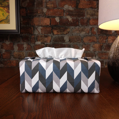 Rectangular Fabric Tissue Box Cover - Blue Herringbone