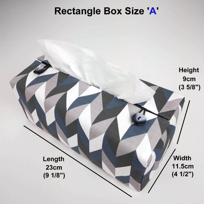 Cotton rectangle tissue box cover with blue, grey, white, and black herringbone pattern