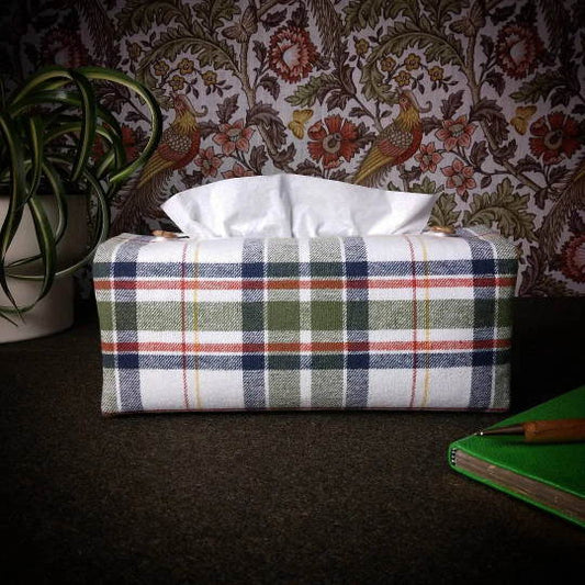 Rectangle tissue box cover with green, blue, white, yellow and red plaid pattern