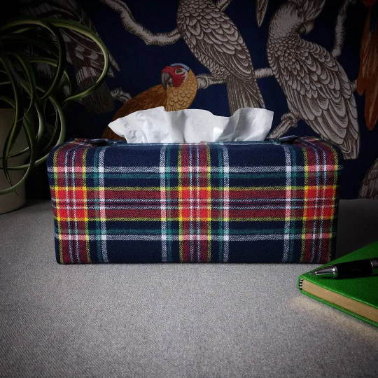 Rectangle tissue box cover with blue, red, yellow, green, and white plaid pattern