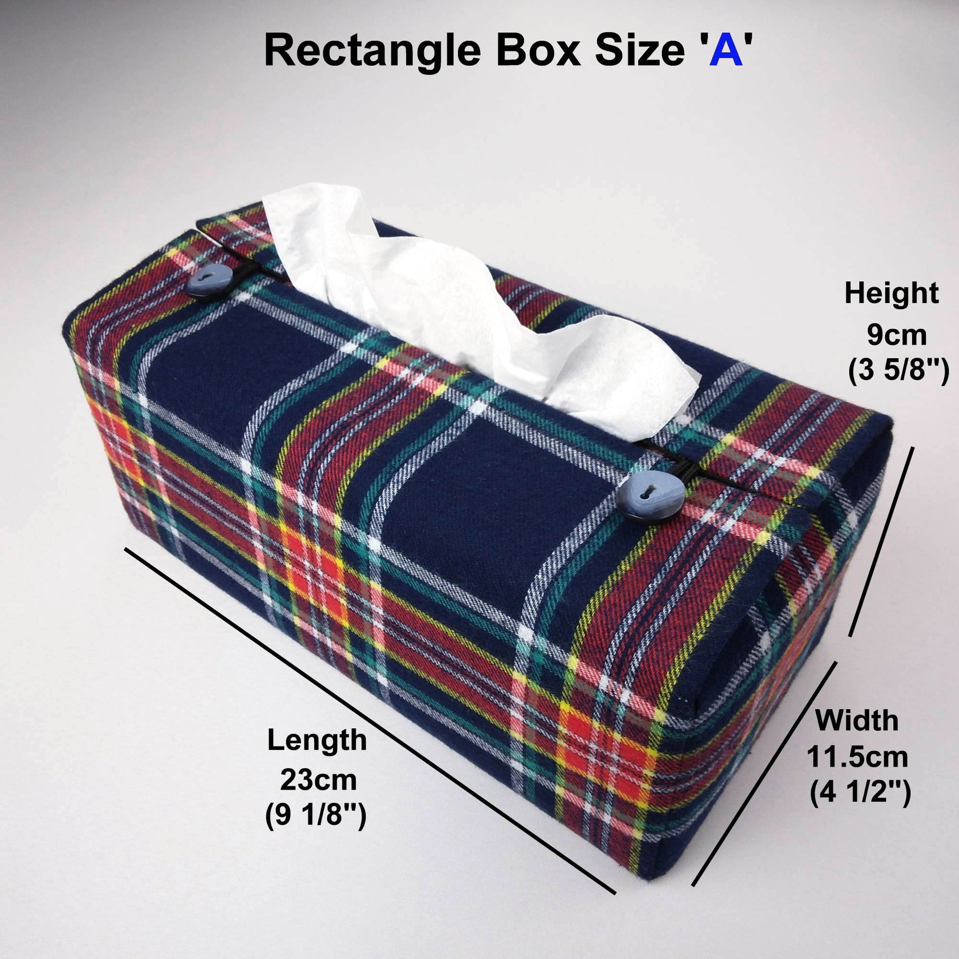 Rectangle tissue box cover with blue, red, yellow, green, and white plaid pattern