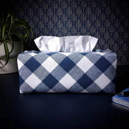 Cotton rectangle tissue box cover with blue and white check pattern