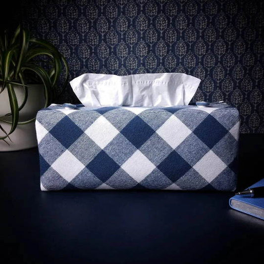 Cotton rectangle tissue box cover with blue and white check pattern