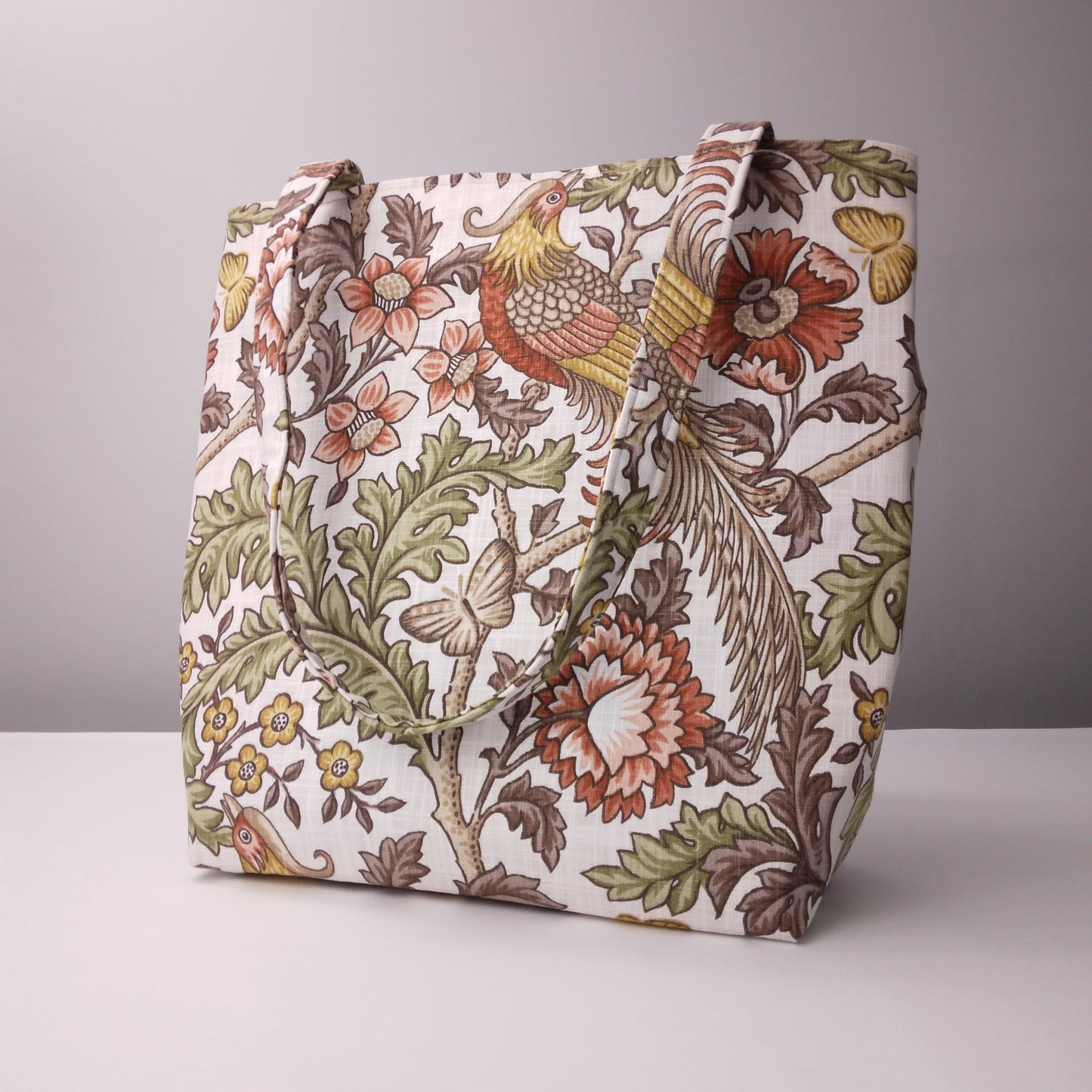 Large tote bag with pheasants and flowers design on natural colour background
