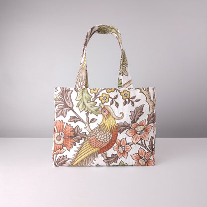 Mini tote bag with pheasants and flowers design on off-white colour background
