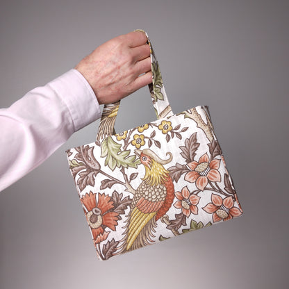 Mini tote bag with pheasants and flowers design on off-white colour background
