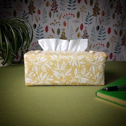 Rectangle tissue box cover with white wildflower design on yellow background