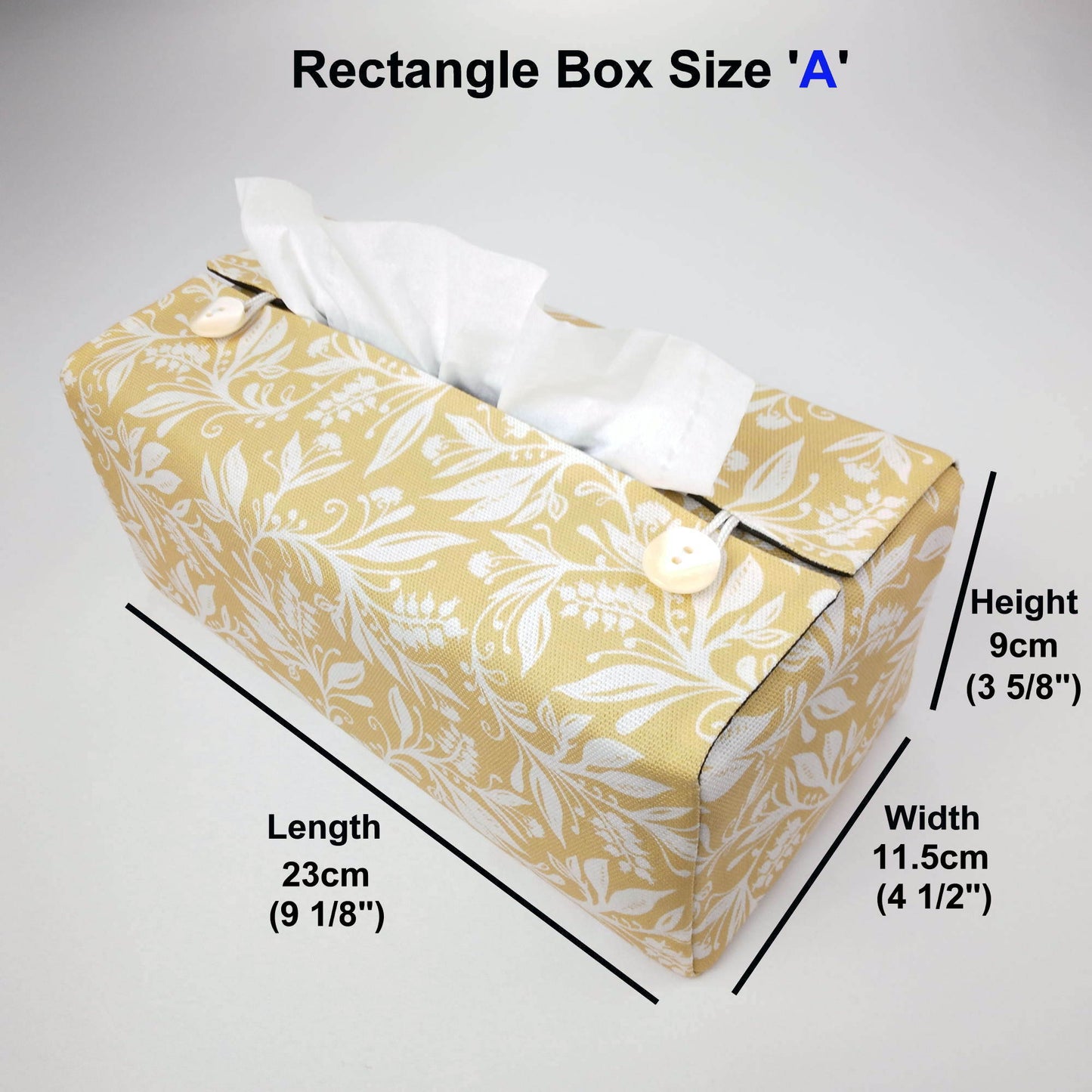 Rectangle tissue box cover with white wildflower design on yellow background