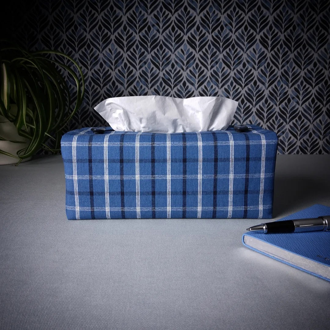 Cotton rectangle tissue box cover with black, white, and blue plaid pattern