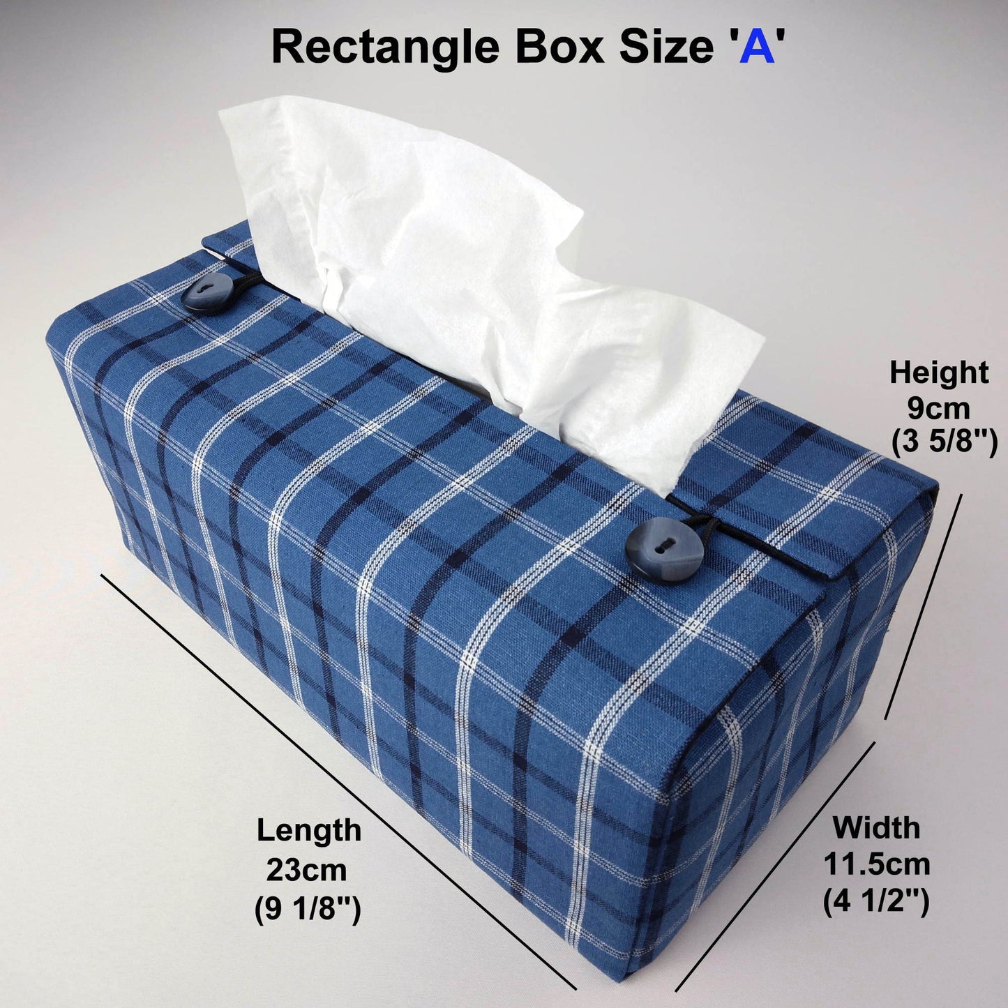 Cotton rectangle tissue box cover with black, white, and blue plaid pattern