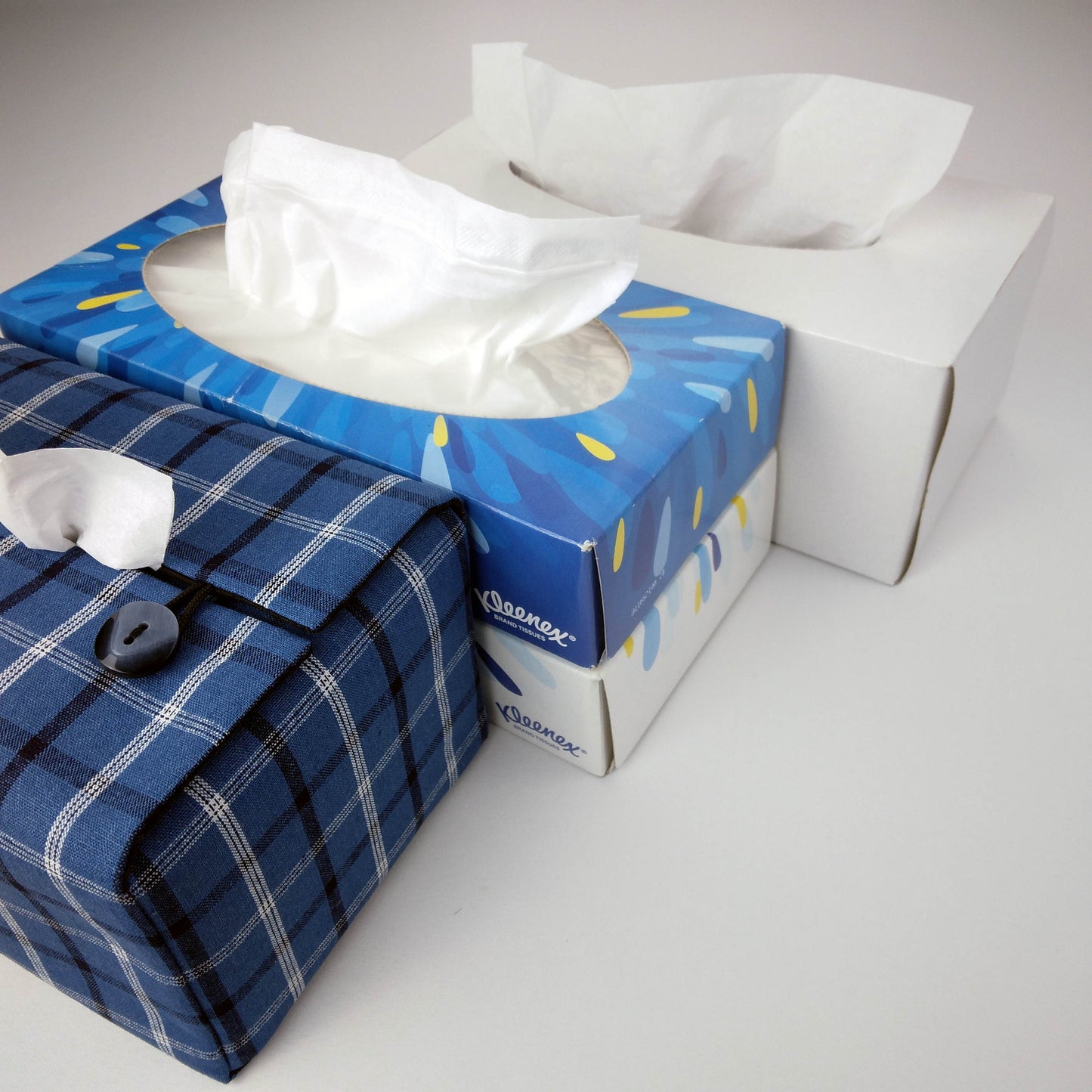 Rectangular Fabric Tissue Box Cover - Black, White, & Blue Plaid