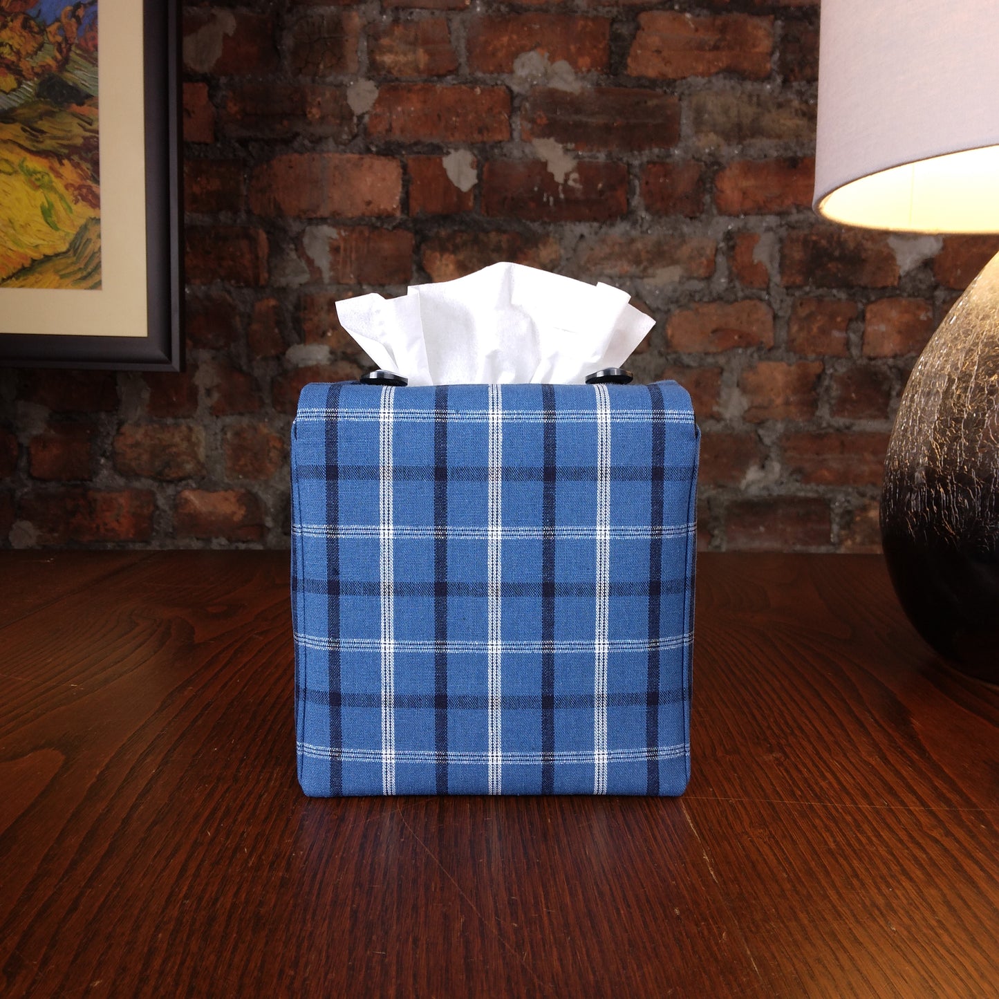Cube Fabric Tissue Box Cover - Black, White, & Blue Plaid