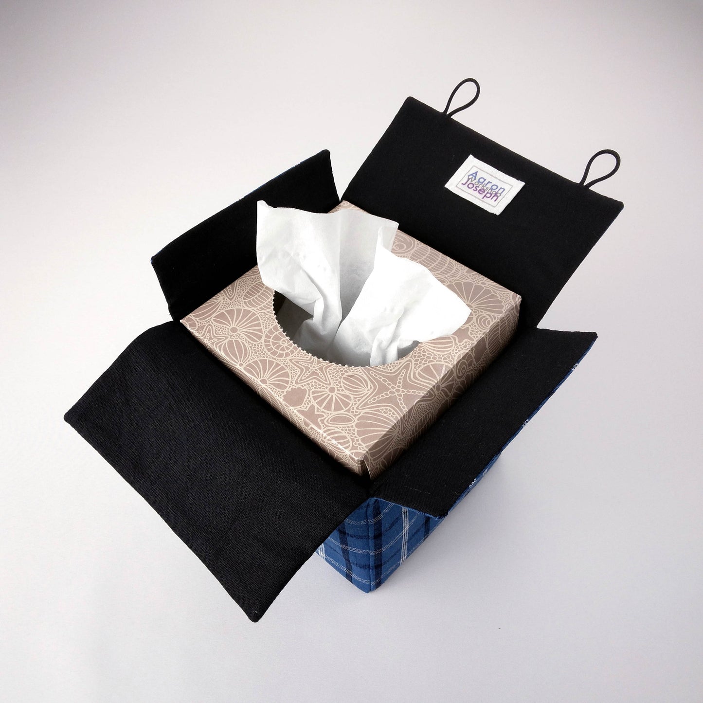 Cube Fabric Tissue Box Cover - Black, White, & Blue Plaid