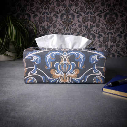 Printed cotton rectangle tissue box cover with white, brown, and blue baroque style floral design on navy background