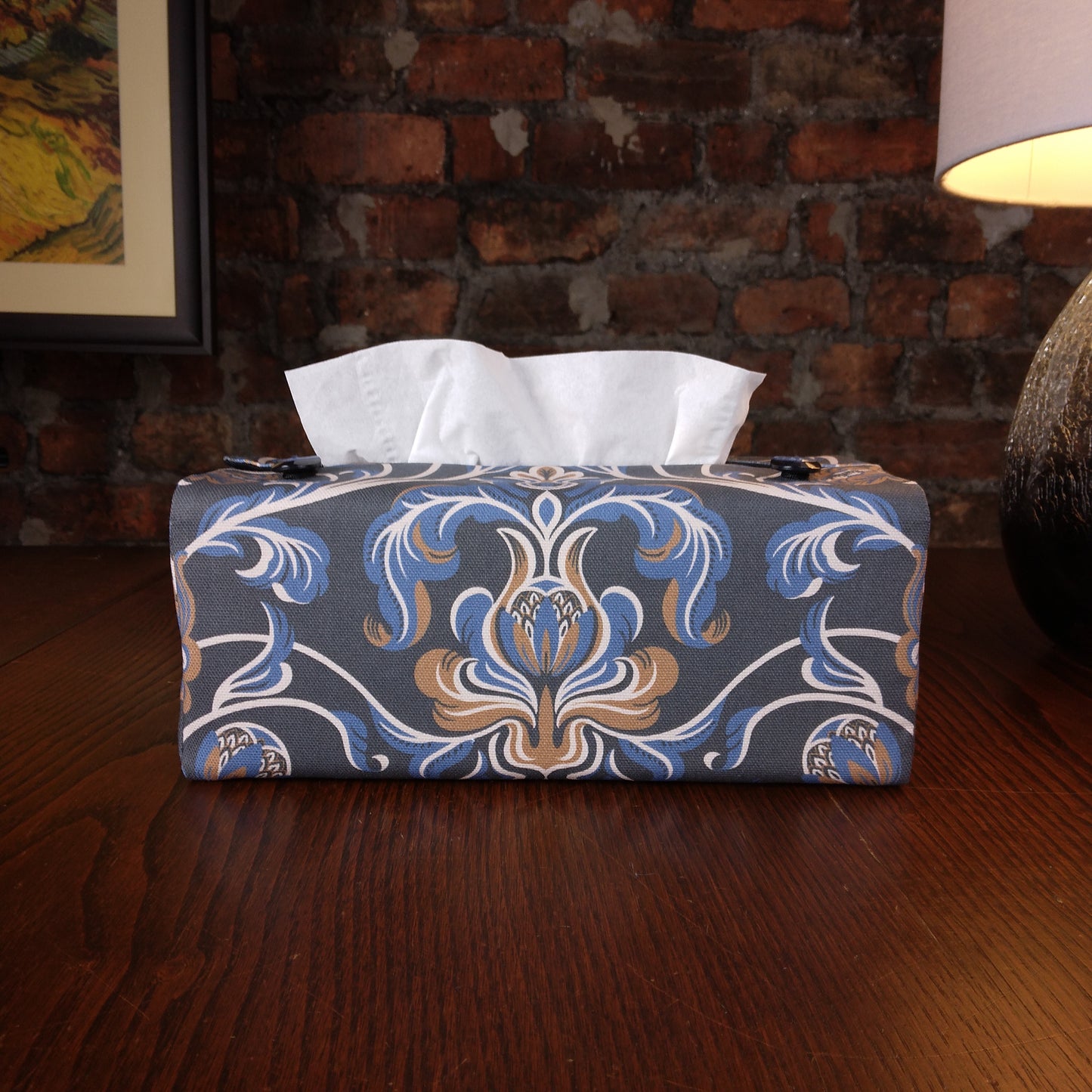 Rectangular Fabric Tissue Box Cover - Baroque Style Floral on Navy