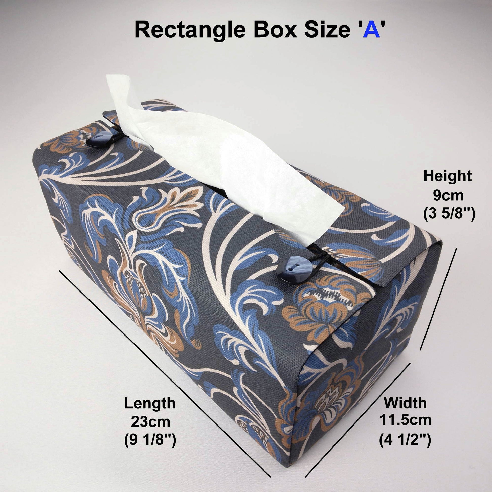 Printed cotton rectangle tissue box cover with white, brown, and blue baroque style floral design on navy background