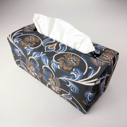 Rectangular Fabric Tissue Box Cover - Baroque Style Floral on Navy