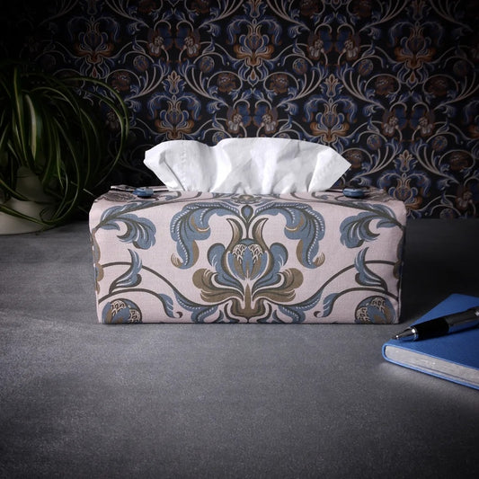 Printed cotton rectangle tissue box cover with grey and brown baroque style floral design on taupe background