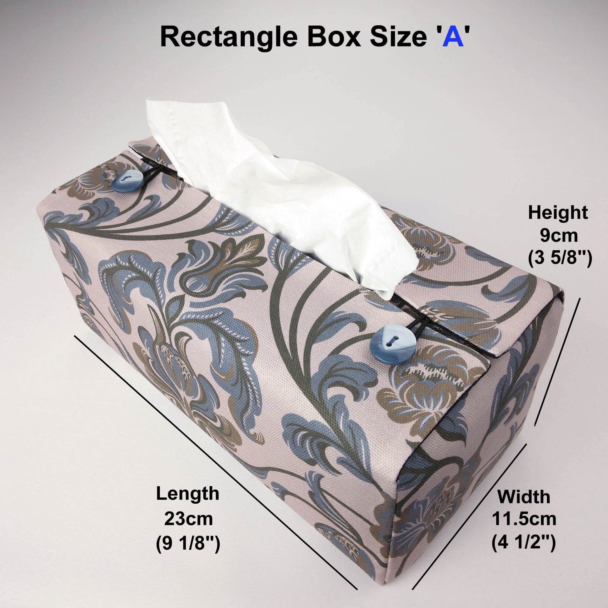 Printed cotton rectangle tissue box cover with grey and brown baroque style floral design on taupe background