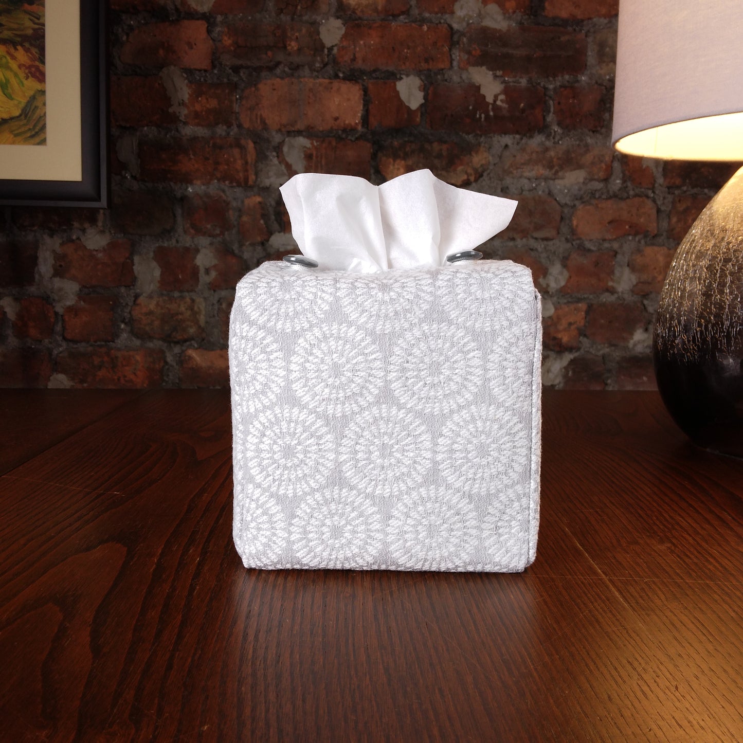 Cube Fabric Tissue Box Cover - Retro Design on Light Grey
