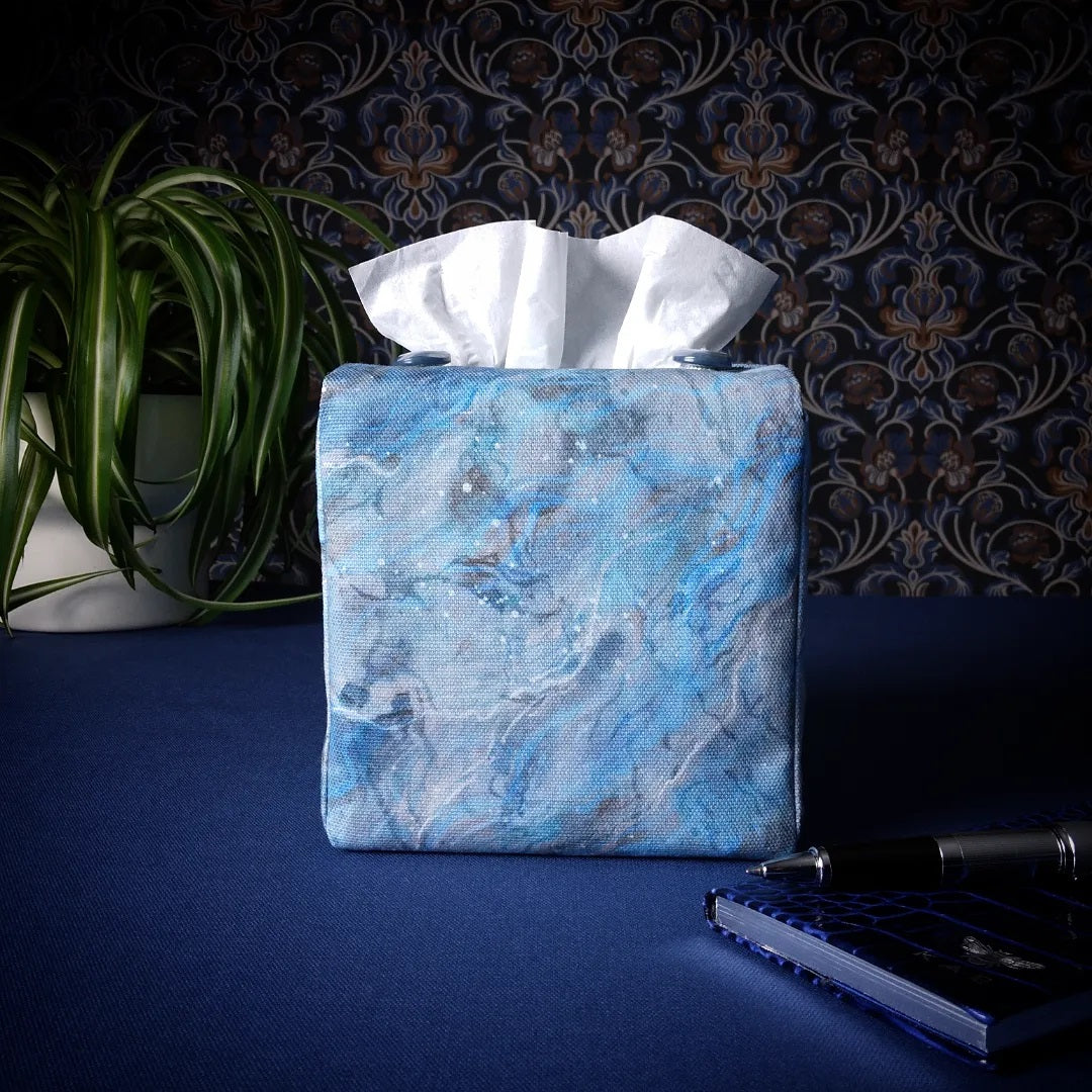 Square tissue box cover with light blue, grey, and white abstract pattern