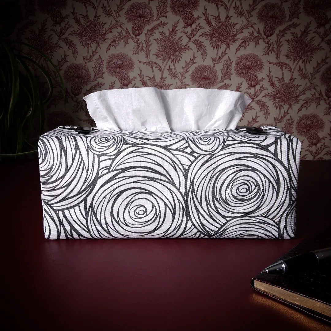 Printed cotton rectangle tissue box cover with black stylized roses on white background