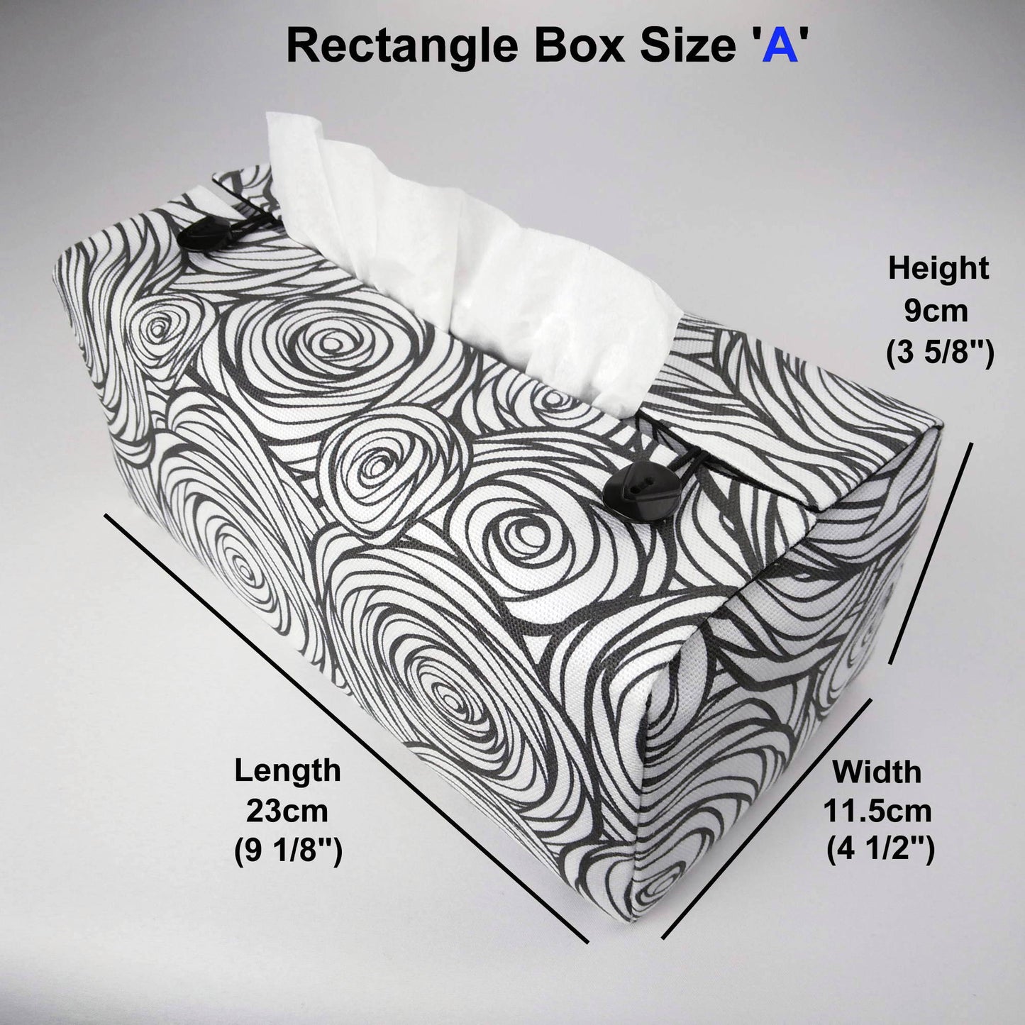 Printed cotton rectangle tissue box cover with black stylized roses on white background