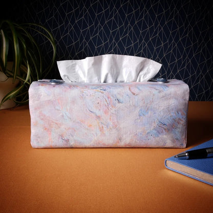 Rectangle tissue box cover with white, orange, pink, blue and grey abstract pattern
