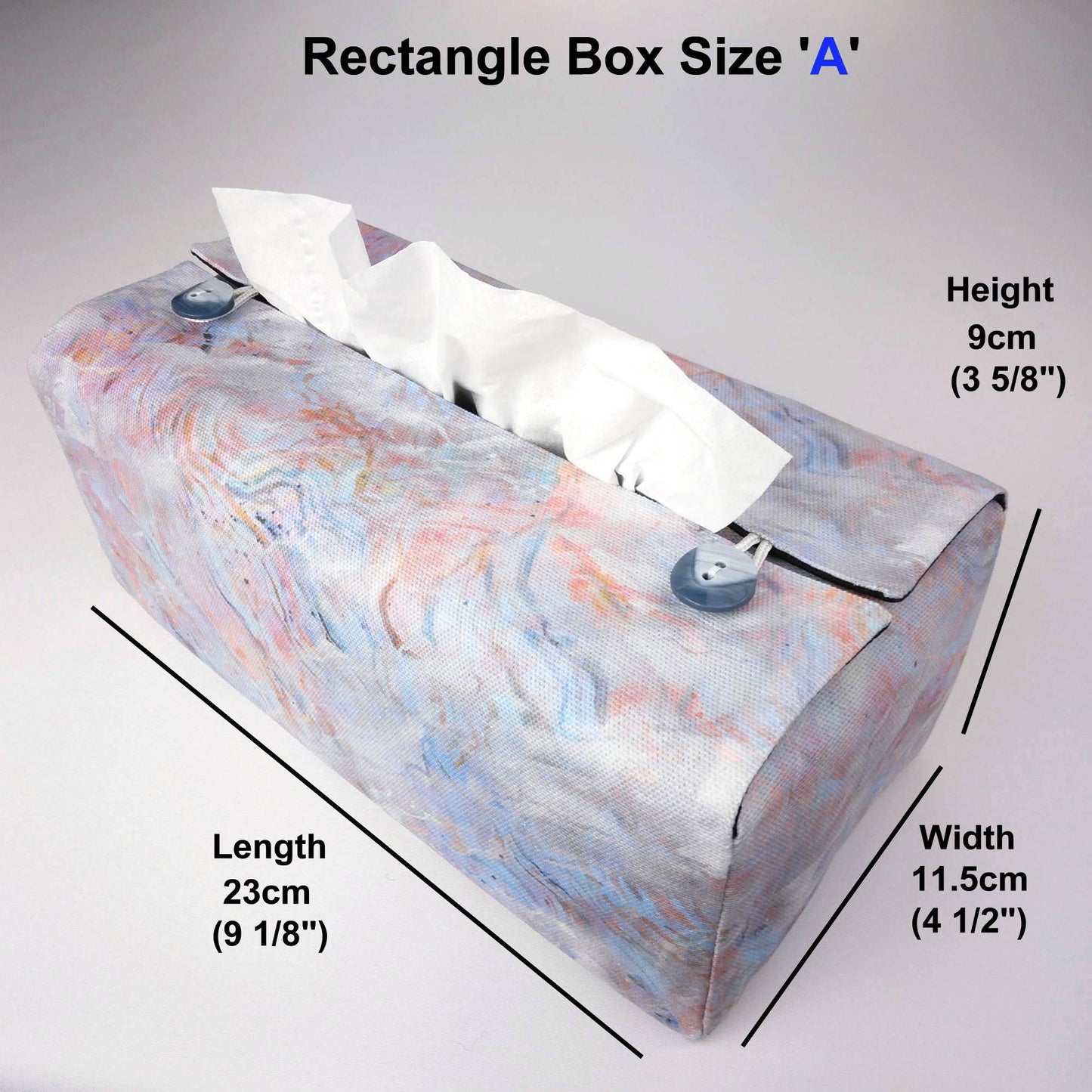 Rectangle tissue box cover with white, orange, pink, blue and grey abstract pattern