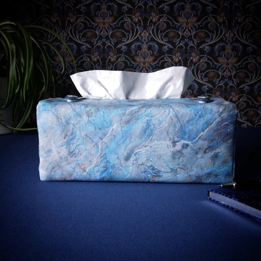 Rectangle tissue box cover with light blue, grey, and white abstract pattern