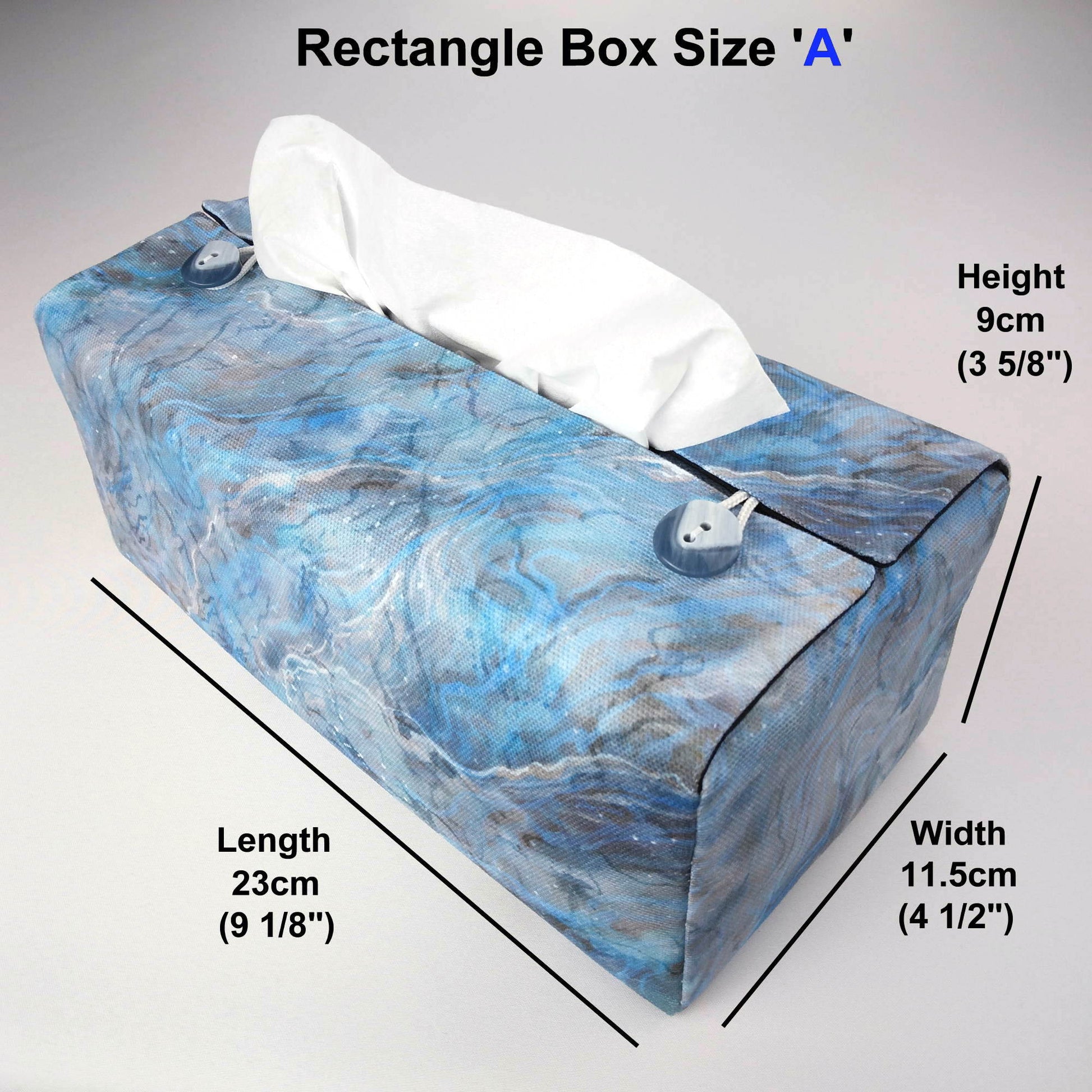 Rectangle tissue box cover with light blue, grey, and white abstract pattern