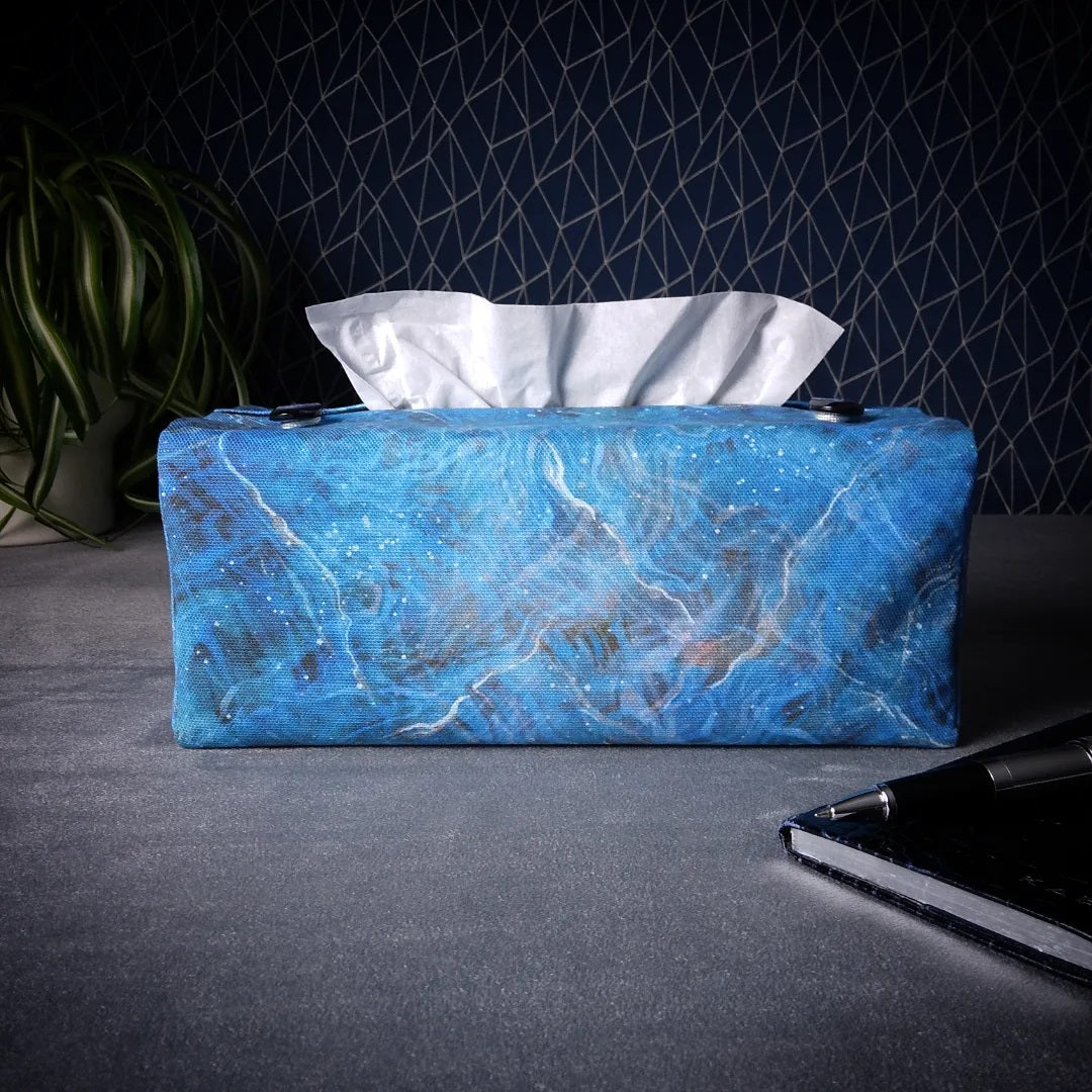 Rectangle tissue box cover with dark blue, grey, and white abstract pattern