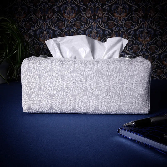 Rectangle tissue box cover with white retro daisy design on light grey background